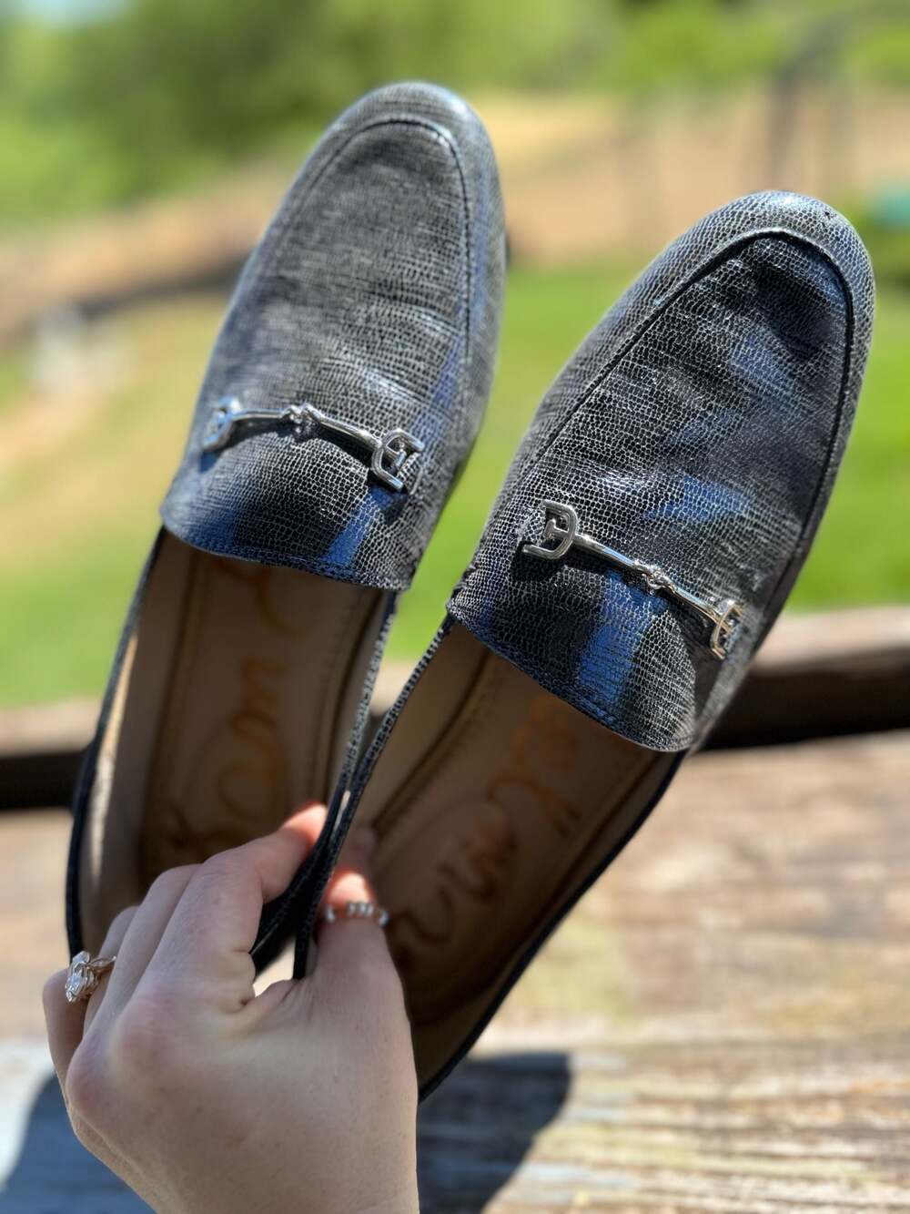 Sam Edelman Loraine Bit Loafers in Silver Metallic Lizard Print Leather - Picture 2 of 6